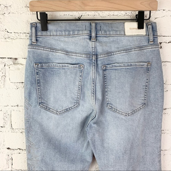 Express Flare High Rise Light Wash Metallic Embroidered Jeans 6 - Picture 7 of 11